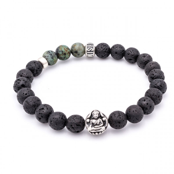 Silber Buddha Armband, Vulkanstein - Achtsamkeit