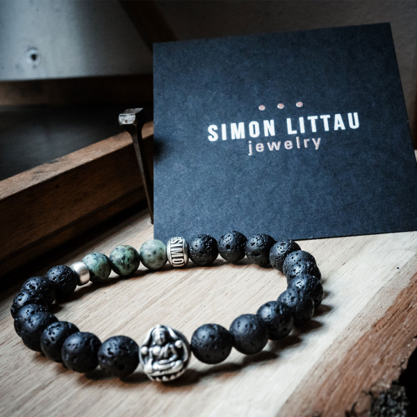 Silber Buddha Armband, Vulkanstein - Achtsamkeit