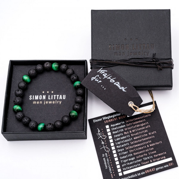 Lavastein Armband Tigerauge grün - Zufriedenheit, Geschenkbox