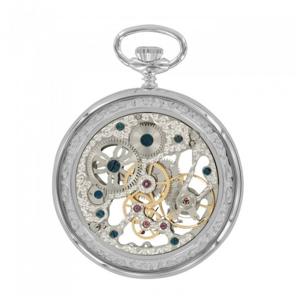 Taschenuhr Herren, Skeleton mit Kette - silber