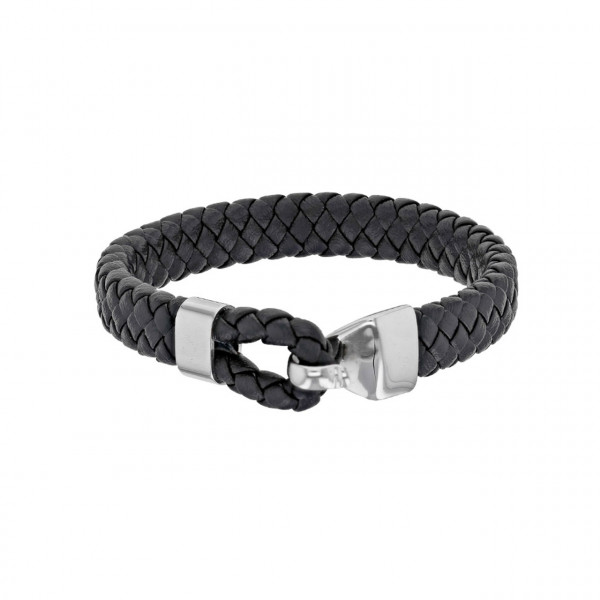 Lederarmband aus schwarzem geflochtenem Leder mit poliertem Edelstahlhaken
