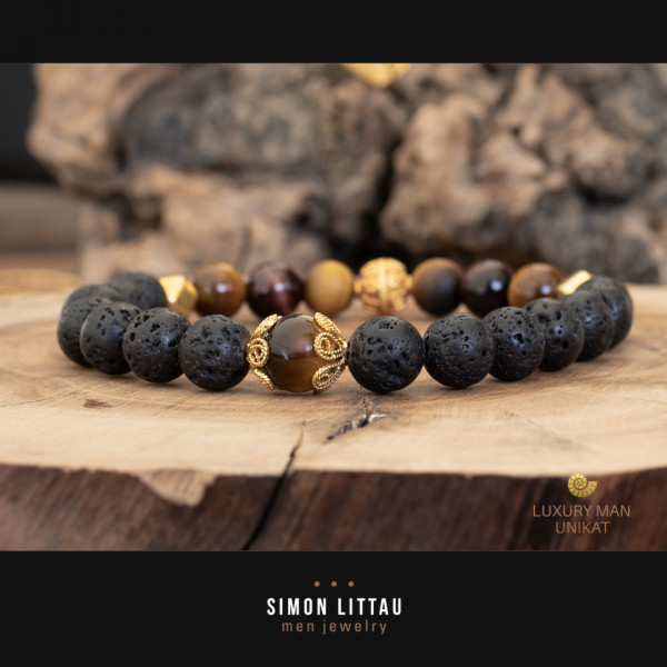 Golden Vulcan Eye – Handgefertigtes Luxus-Armband mit 18 Karat Gold & Tigerauge